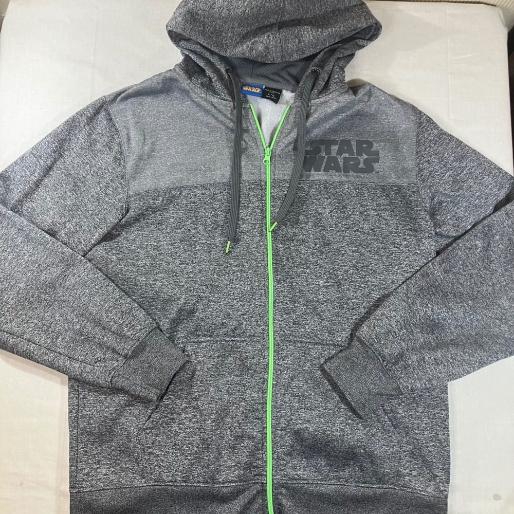 Star Wars Mens Gray Heather Fleece Lined Full Zip Hoodie Neon Green Trim Large